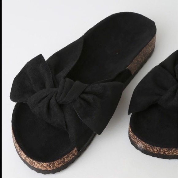 Black Bow Knot Cork Slides Sandals - Picture 7 of 11